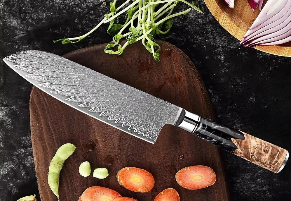 Kuchyňský nůž SANTOKU - Nerezový damašek + dřevo