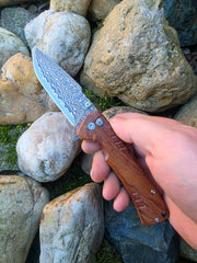 Folding Knife - Button Lock Damascus Brass 2