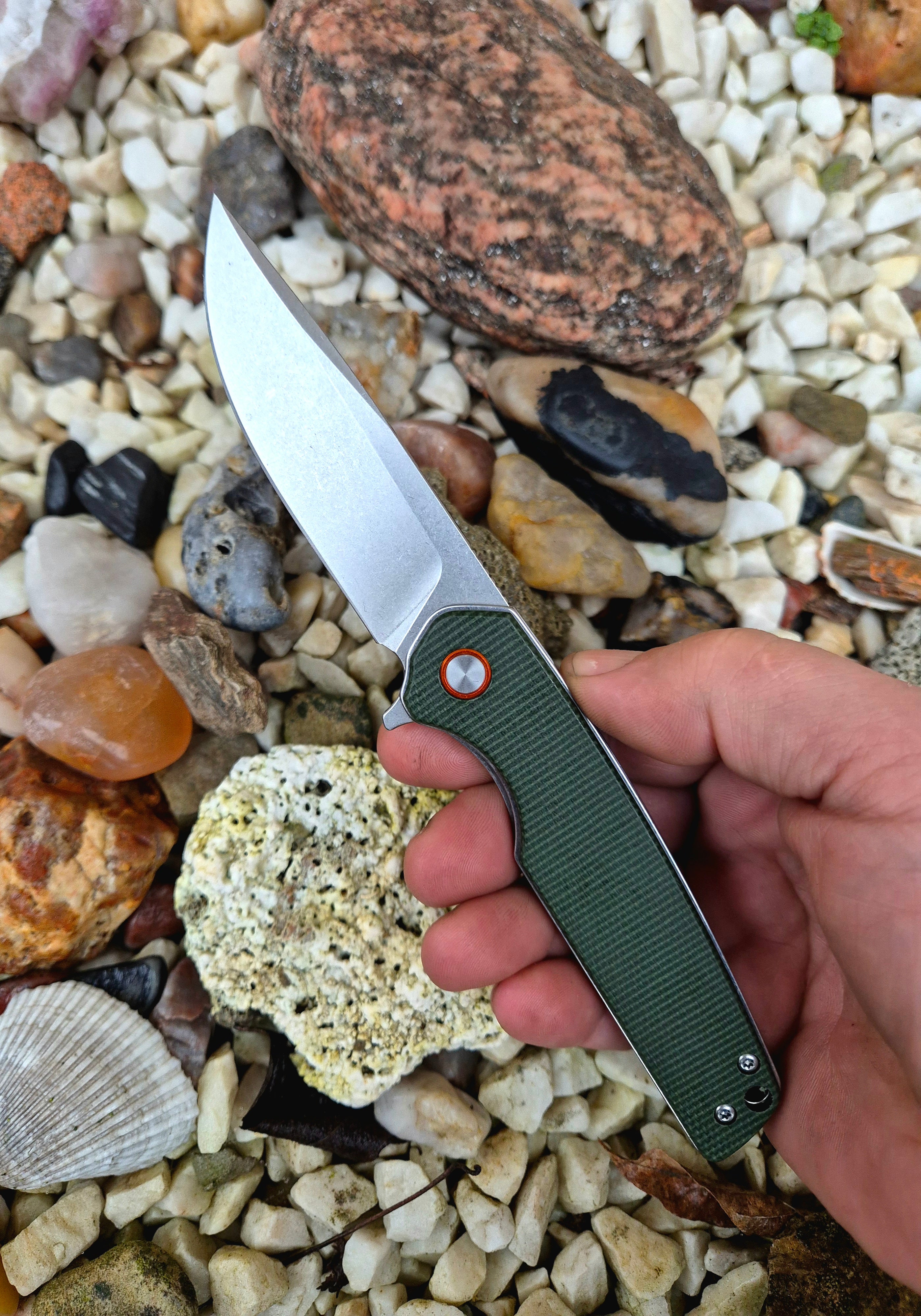 Zavírací nůž green - Micarta, orange kroužek