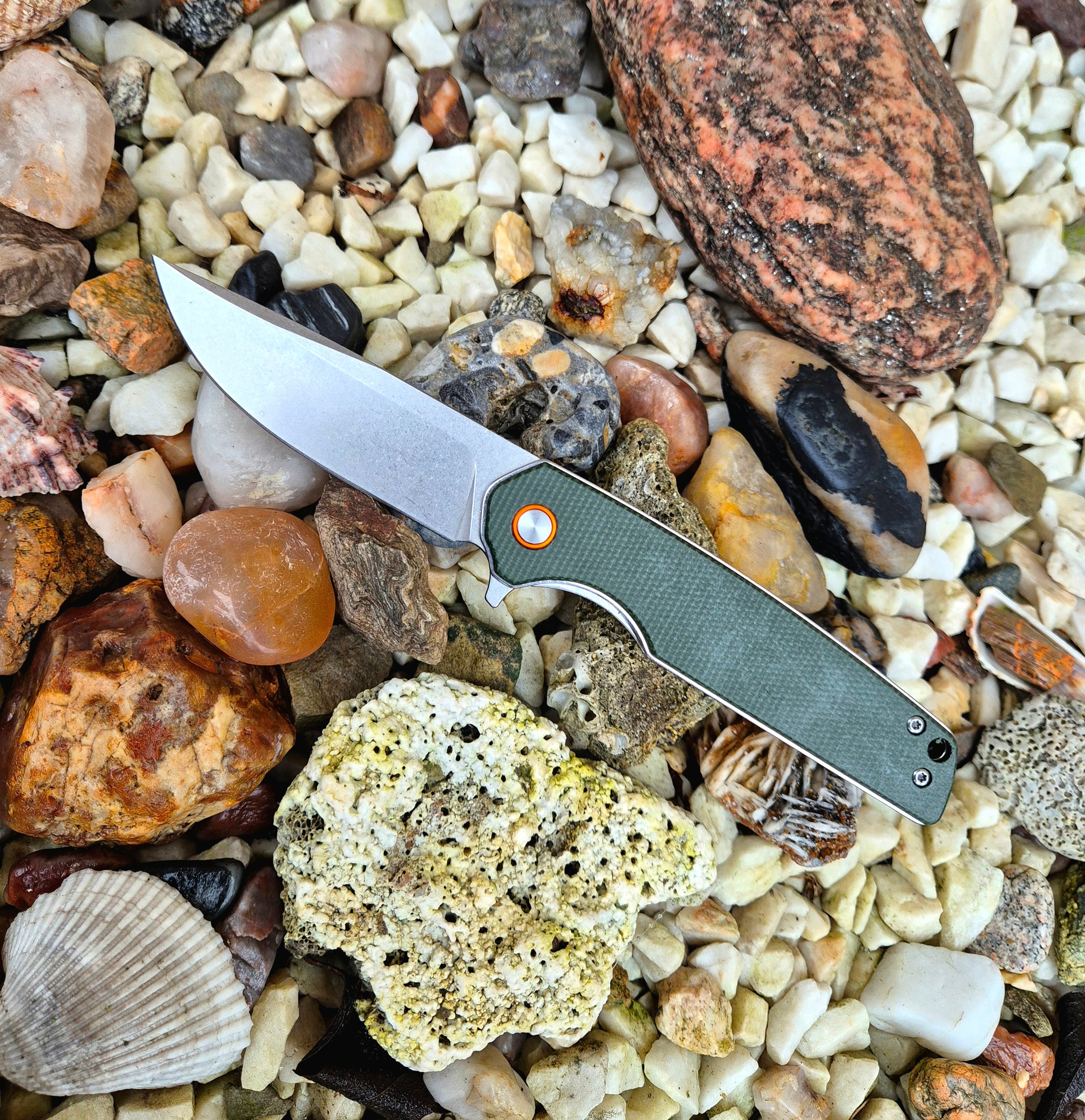 Zavírací nůž green - Micarta, orange kroužek