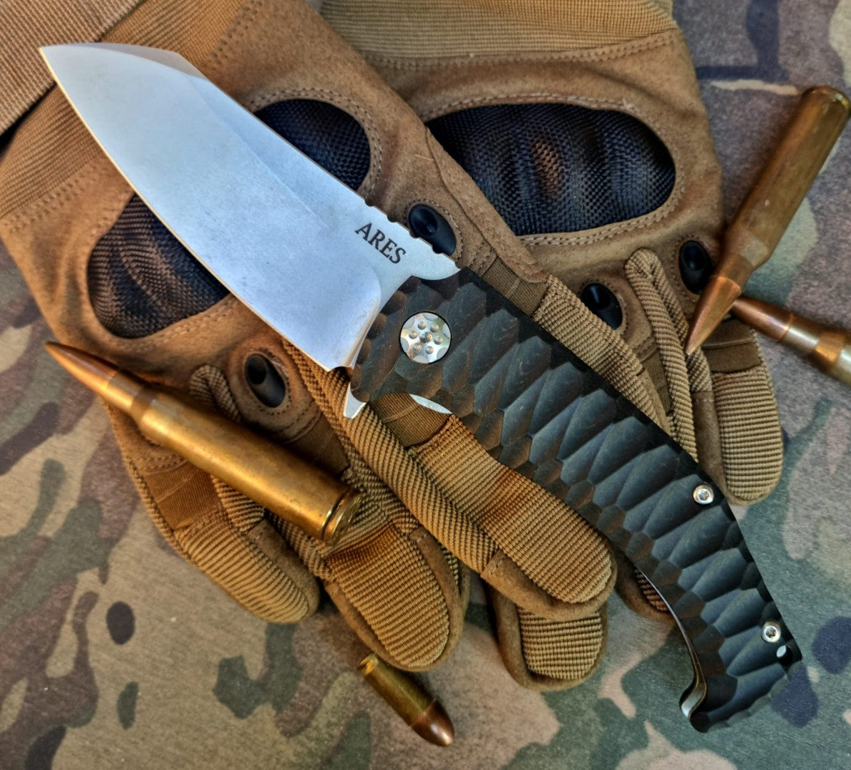 ARES Klappmesser, schwarz, Stonewash