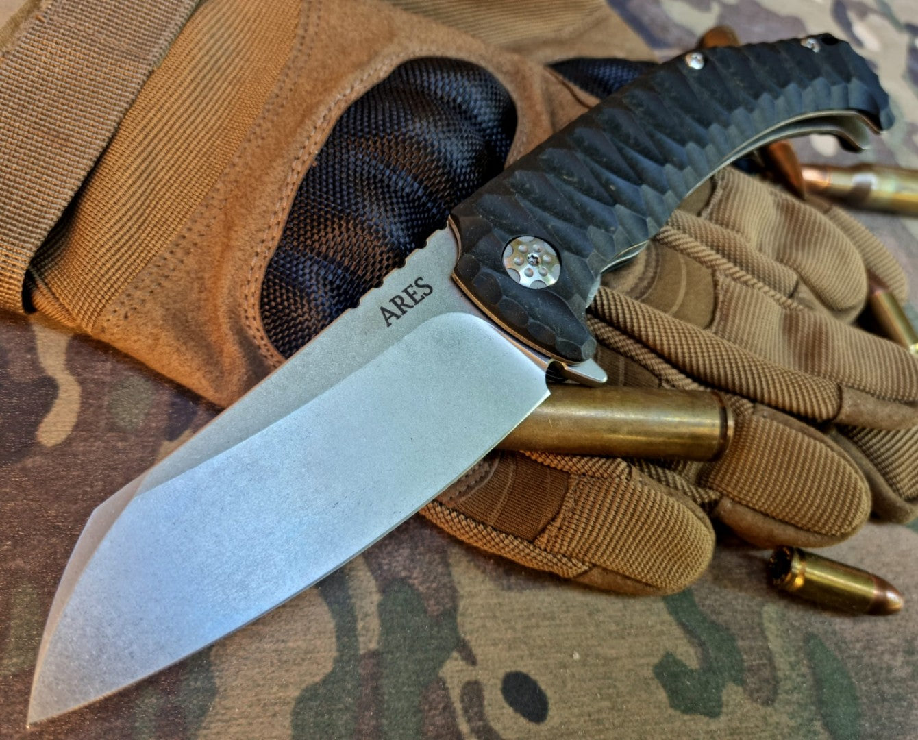 ARES Klappmesser, schwarz, Stonewash