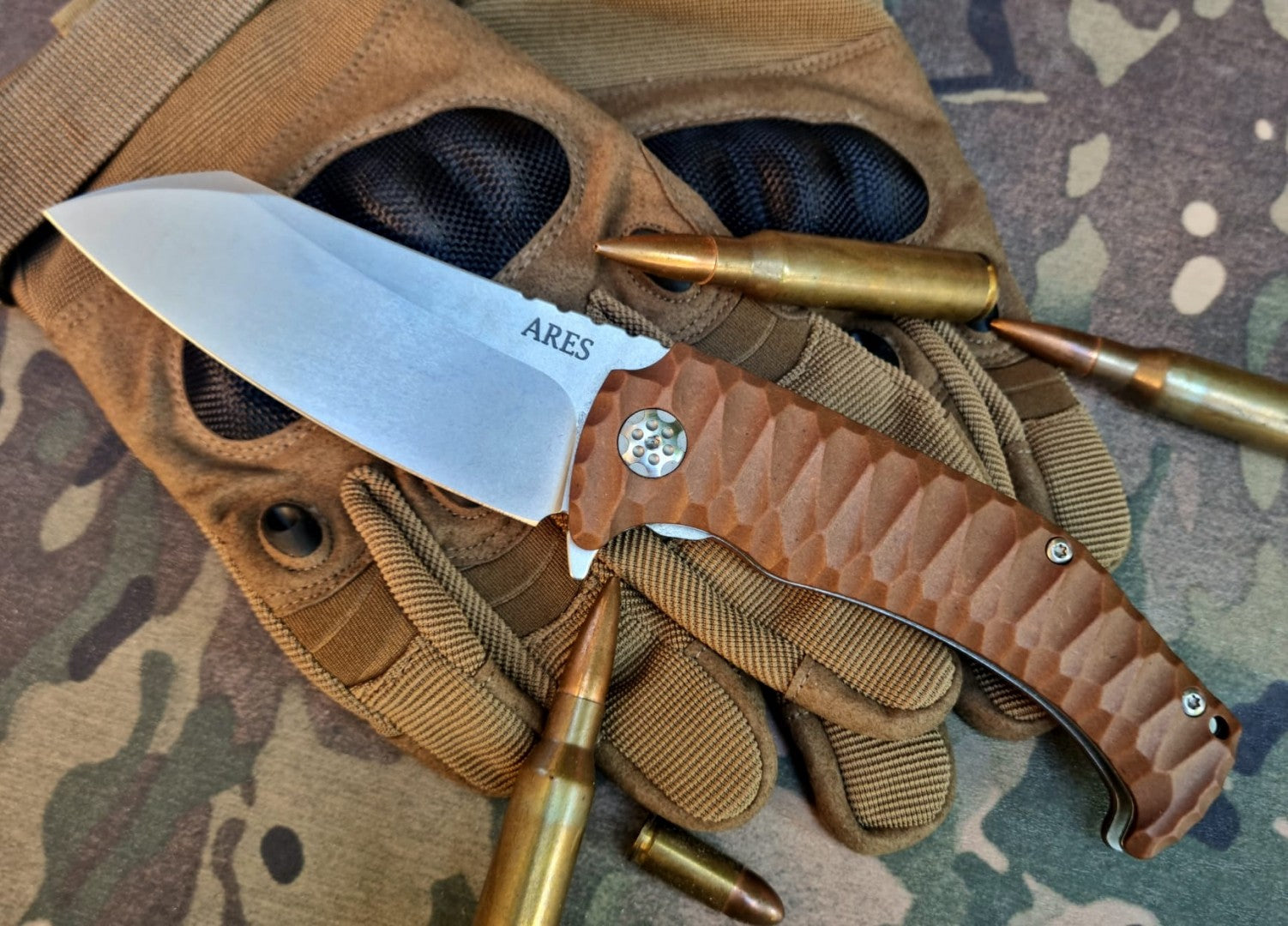 ARES Klappmesser, braun, Stonewash